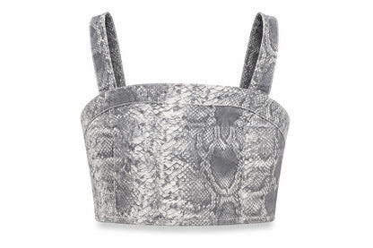 Front view of New Look women’s grey animal print cotton cropped tank, size UK 12, square neck - snake print