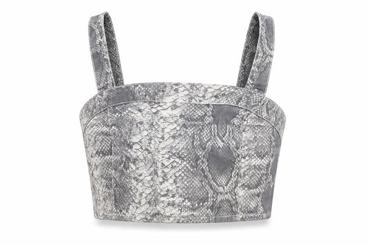 Front view of New Look women’s grey animal print cotton cropped tank, size UK 12, square neck - snake print