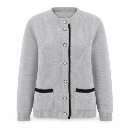 Front view of Preworn women’s grey round neck acrylic cardigan jumper, size UK 10