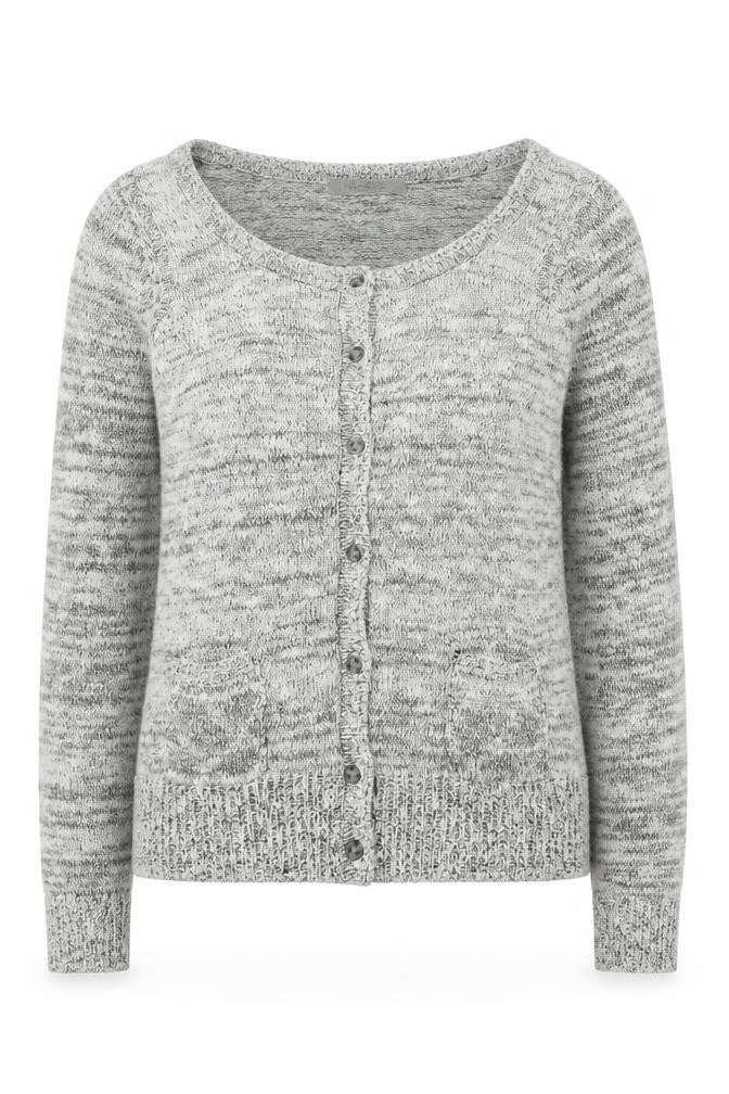 Front view of Woolworths women’s grey round neck acrylic cardigan jumper, size S