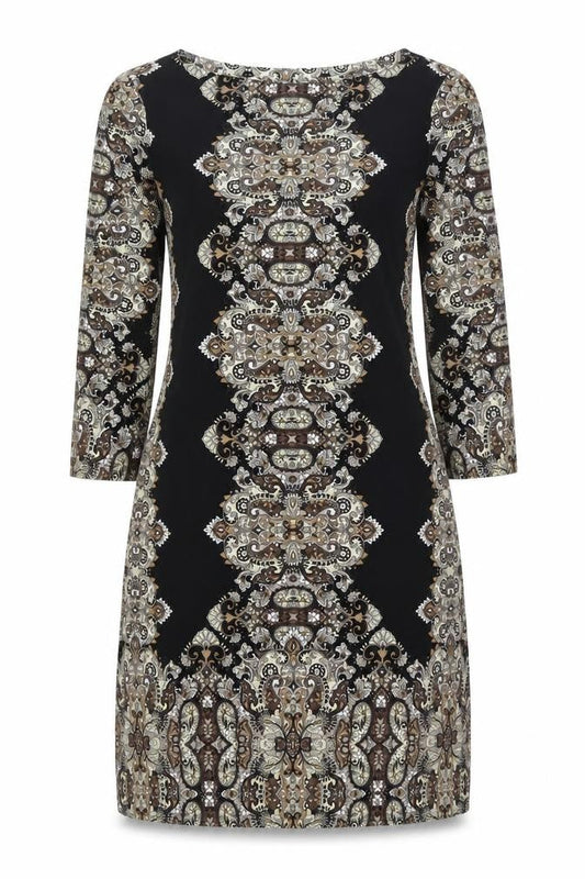 Front view of London Times women’s black paisley polyester bodycon, size UK 10, boat neck pullover