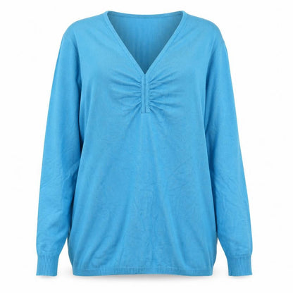 Front view of Damart women’s blue v-neck viscose jumper, size UK 10, - 10-12