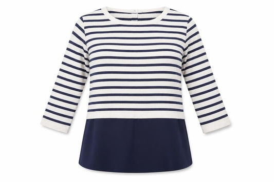 Front view of Atmosphere women’s blue striped viscose button-up, size UK 6, roll neck