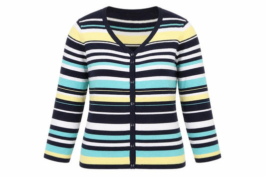 Front view of M&Co women’s multicoloured round neck striped viscose jumper, size UK 14