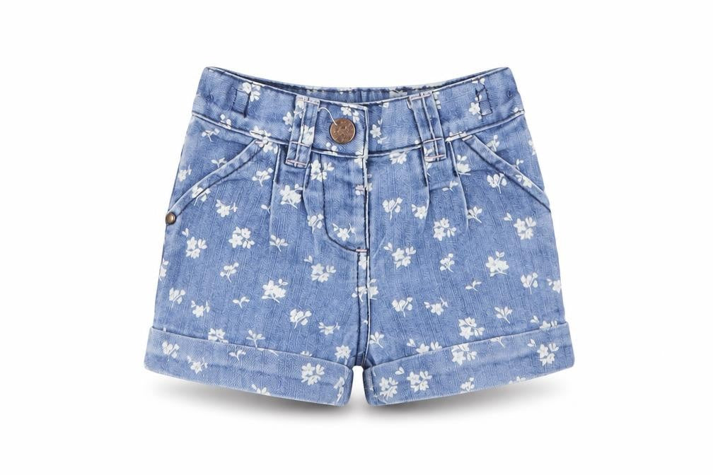 Front view of Next girls’ blue floral polyester cropped jeans, size 9-12, months button