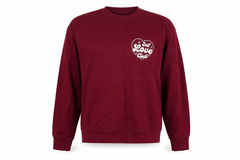 Front view of Just Hoods women’s purple cotton pullover sweatshirt, size M, pullover - self love