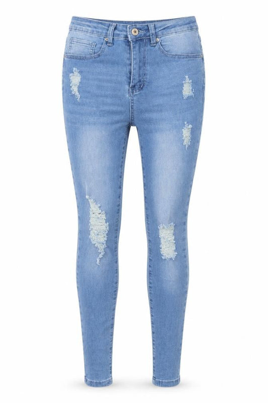 Front view of SHEIN women’s blue cotton skinny jeans, size XS, 30-inch leg regular button