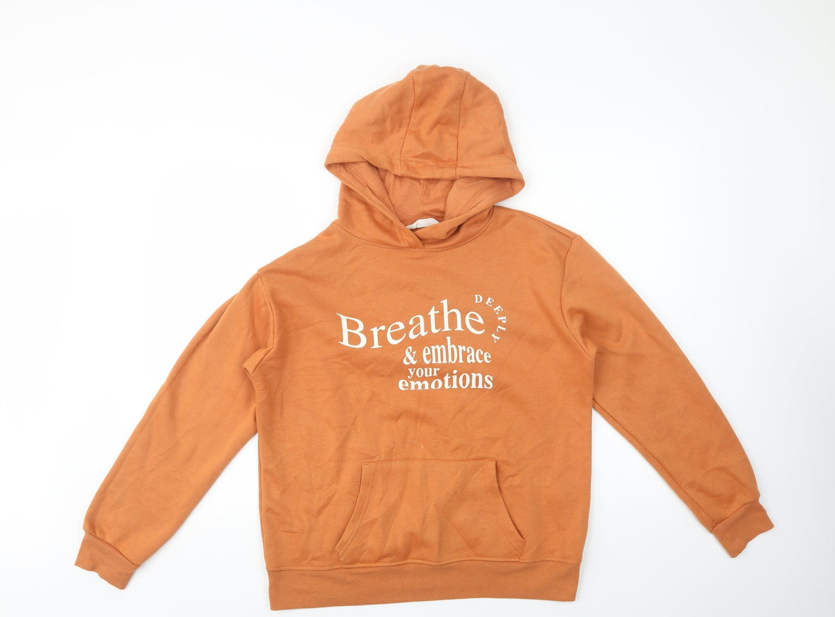 Front view of Primark women’s orange cotton pullover hoodie, size S, pullover - breathe deeply