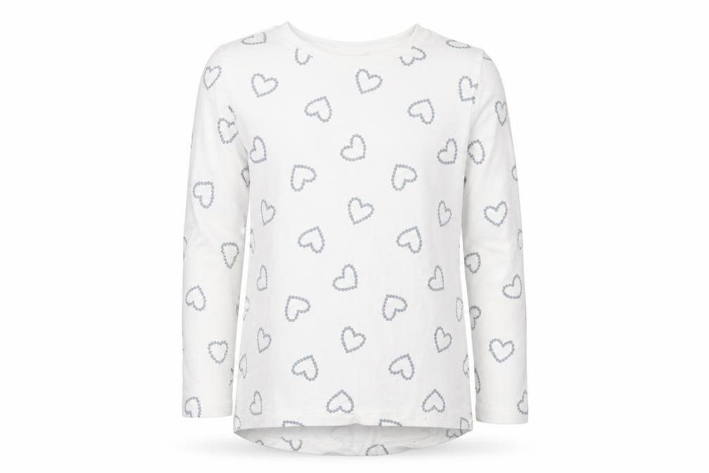 Front view of OVS girls’ white geometric cotton basic t-shirt, size 9-10, years crew neck pullover - heart print