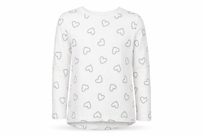 Front view of OVS girls’ white geometric cotton basic t-shirt, size 9-10, years crew neck pullover - heart print