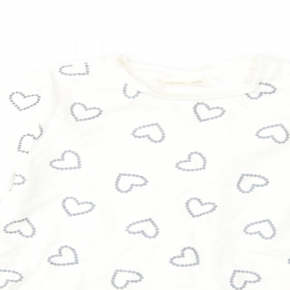 OVS Girls White Geometric Cotton Basic T-Shirt Size 9-10 Years Crew Neck Pullover - Heart Print