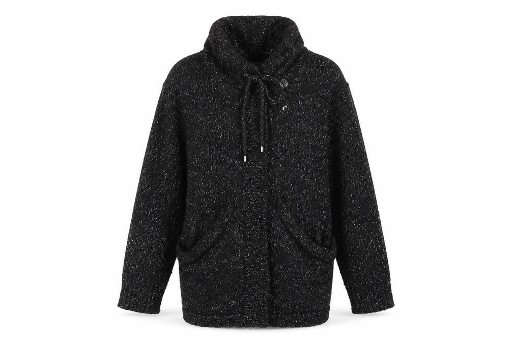 Front view of Debenhams women’s black roll neck polyester cardigan jumper, size UK 14