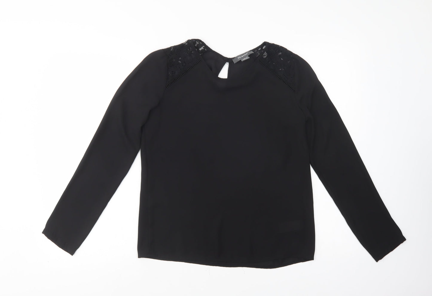 Primark Womens Black  Polyester Basic Blouse Size 6 Crew Neck - Lace Detail
