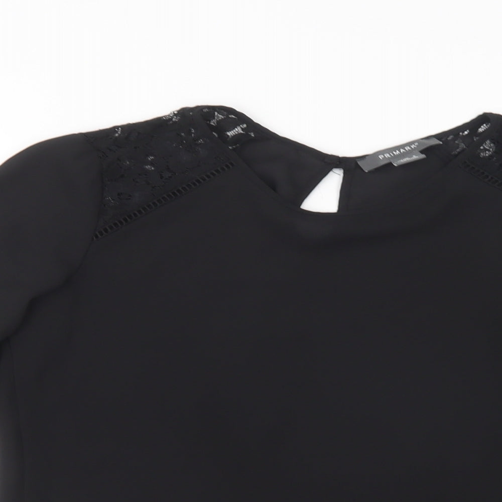 Primark Womens Black  Polyester Basic Blouse Size 6 Crew Neck - Lace Detail
