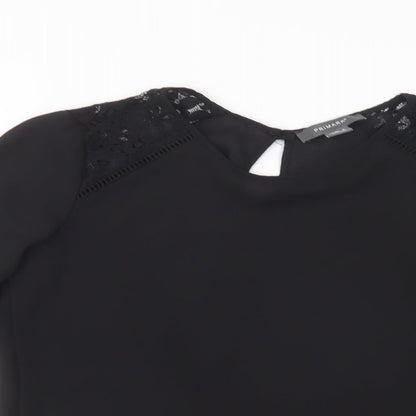Primark Womens Black  Polyester Basic Blouse Size 6 Crew Neck - Lace Detail