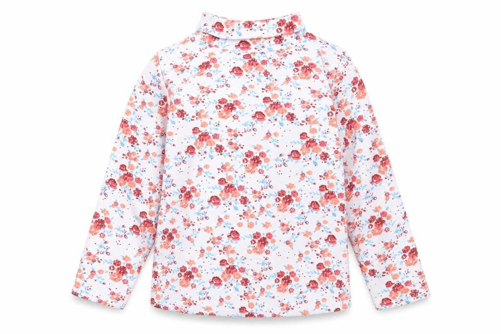 Front view of Cantarana Baby White Floral Cotton Pullover T-Shirt, size 12, Months High Neck Button