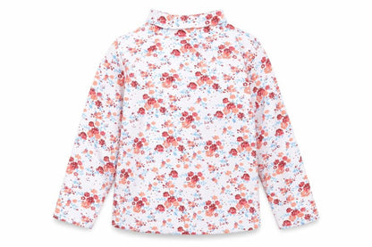 Front view of Cantarana Baby White Floral Cotton Pullover T-Shirt, size 12, Months High Neck Button