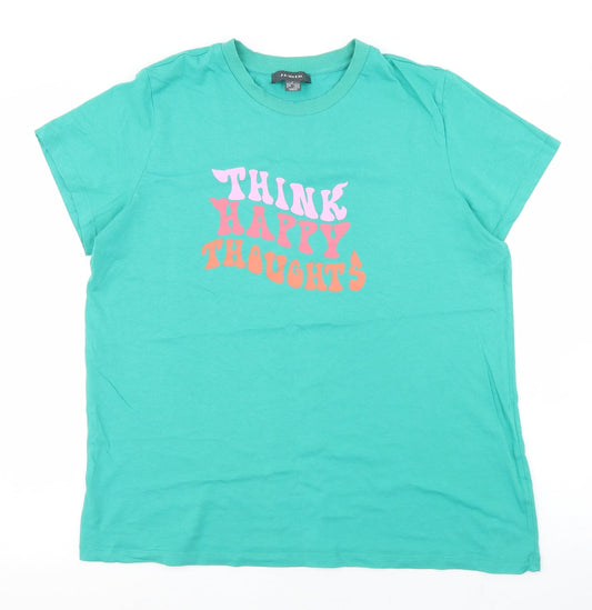 Primark Womens Green  100% Cotton Basic T-Shirt Size L Round Neck - Think Happy Thoughts