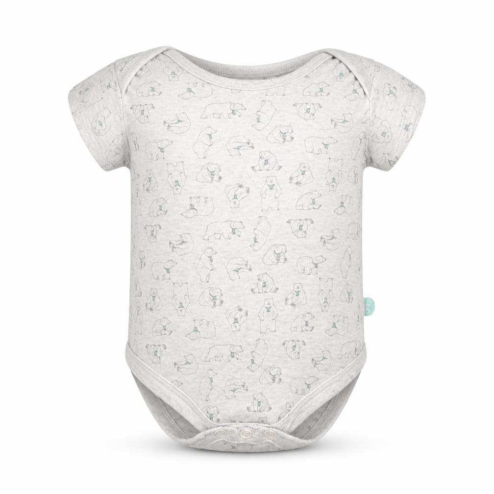 Front view of Jainco Baby Beige Cotton Babygrow One-Piece, size 3-6, Months Button - Bears