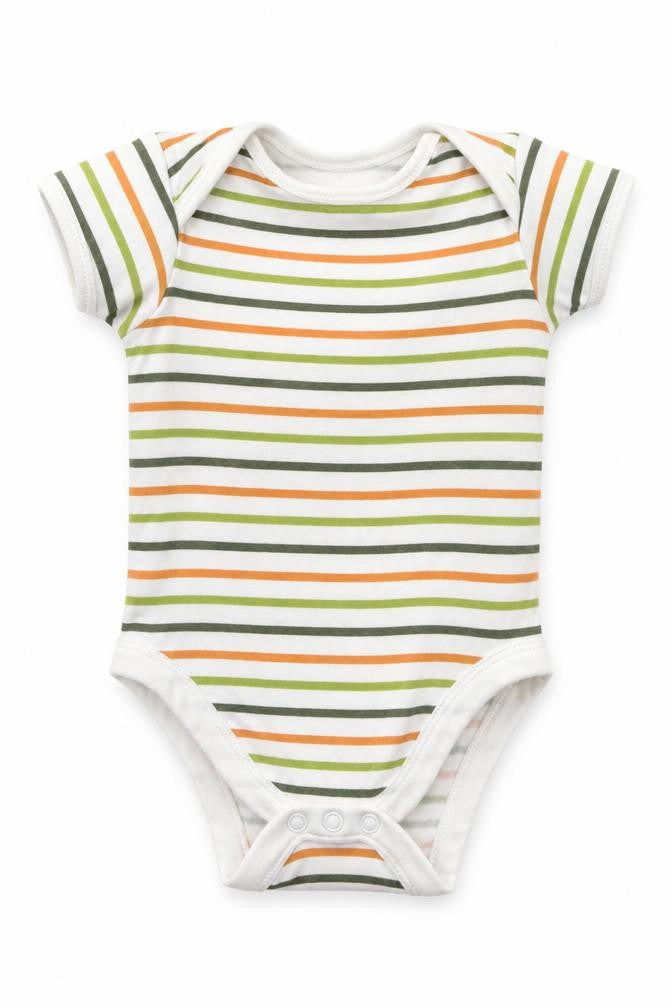 Front view of George Baby Green Striped Cotton Babygrow One-Piece, size 3-6, Months Button - Orange