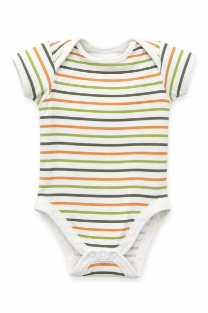 Front view of George Baby Green Striped Cotton Babygrow One-Piece, size 3-6, Months Button - Orange