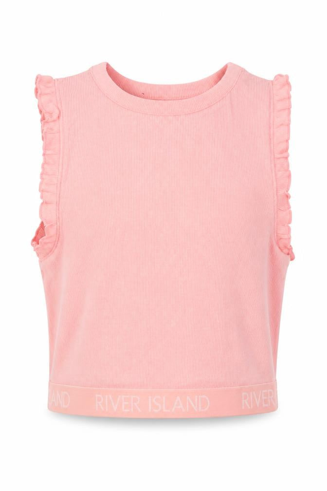 Front view of River Island girls’ pink cotton cropped tank, size 11-12, years crew neck pullover