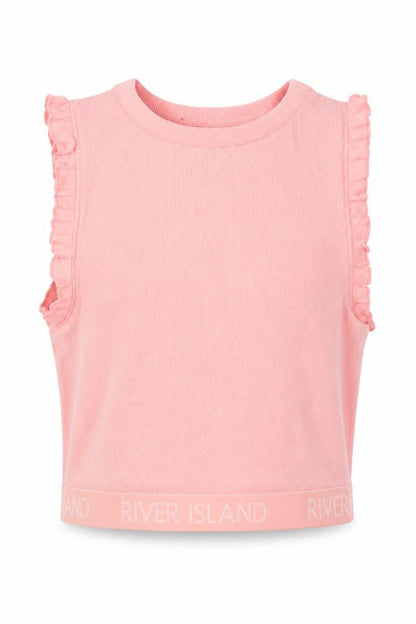 Front view of River Island girls’ pink cotton cropped tank, size 11-12, years crew neck pullover