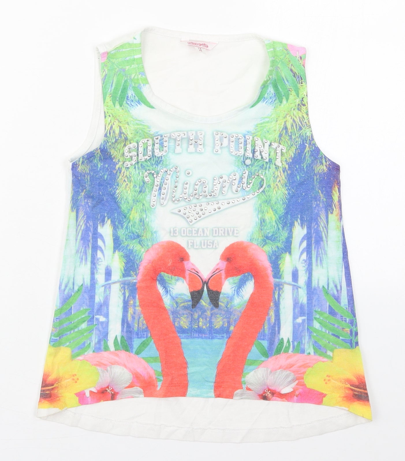Evie Girls White  Polyester Basic Tank Size 7-8 Years Round Neck Pullover - South Point Miami Flamingo