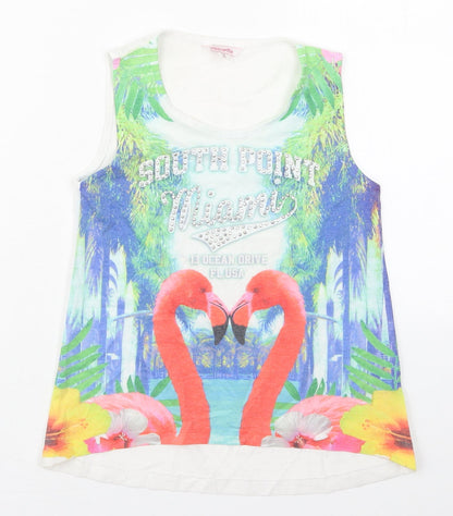 Evie Girls White  Polyester Basic Tank Size 7-8 Years Round Neck Pullover - South Point Miami Flamingo