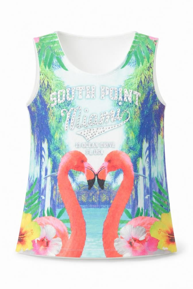 Front view of Evie girls’ white polyester basic tank, size 7-8, years round neck pullover - south point miami flamingo