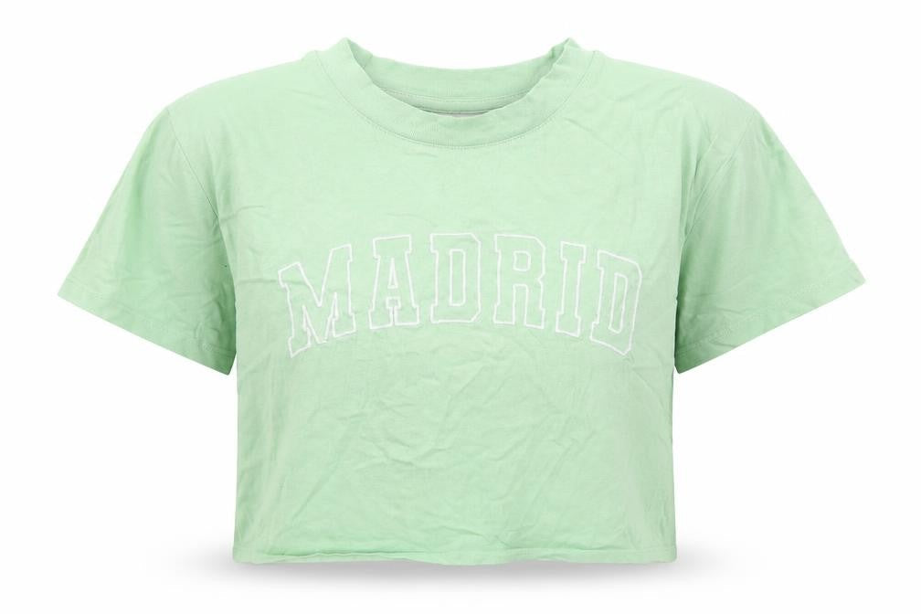Front view of Topshop women’s green cotton cropped t-shirt, size UK 12, crew neck - madrid