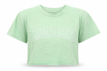 Front view of Topshop women’s green cotton cropped t-shirt, size UK 12, crew neck - madrid