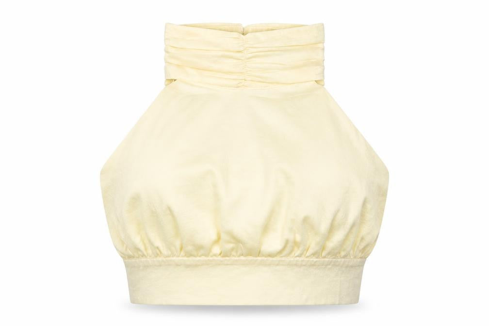 Front view of Nasty Gal women’s beige polyester cropped tank, size UK 8, halter