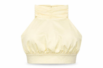 Front view of Nasty Gal women’s beige polyester cropped tank, size UK 8, halter