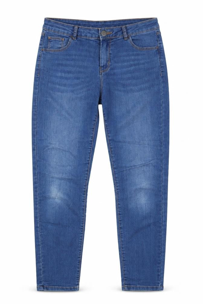 Front view of Dorothy Perkins women’s blue cotton skinny jeans, size UK 12, 29-inch leg regular button