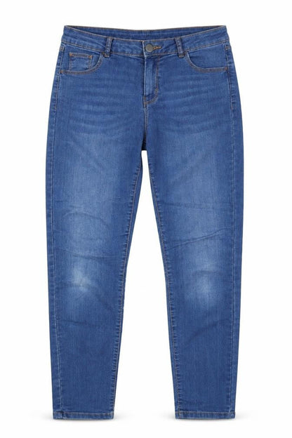 Front view of Dorothy Perkins women’s blue cotton skinny jeans, size UK 12, 29-inch leg regular button