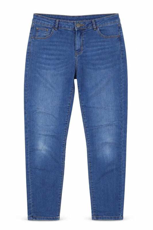 Front view of Dorothy Perkins women’s blue cotton skinny jeans, size UK 12, 29-inch leg regular button