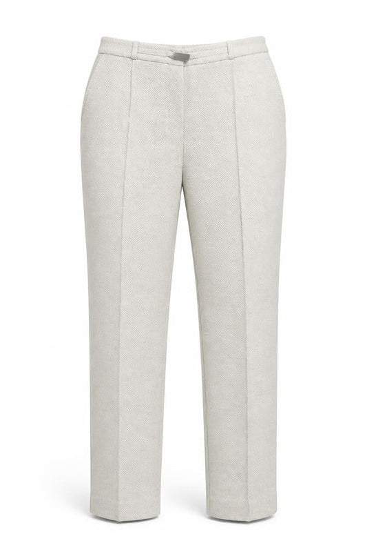 Front view of EWM women’s beige polyester dress pants trousers, size UK 12, 25-inch leg regular
