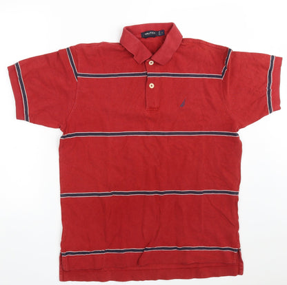 Nautica Mens Red Striped 100% Cotton  Polo Size S Collared Button
