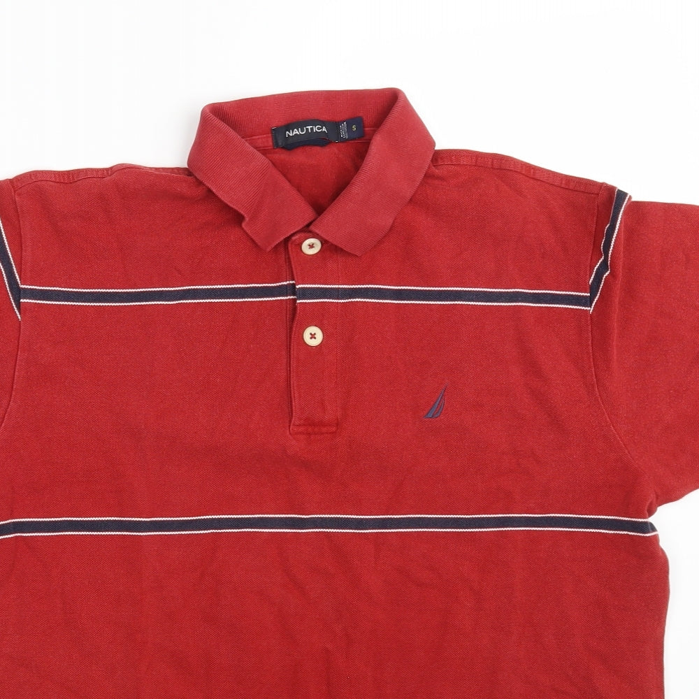 Nautica Mens Red Striped 100% Cotton  Polo Size S Collared Button