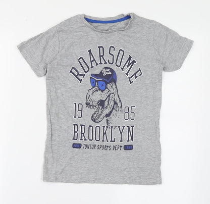 Dunnes Stores Boys Grey  Cotton Basic T-Shirt Size 8 Years Round Neck Pullover - Roarsome, Dinosaur