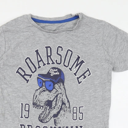 Dunnes Stores Boys Grey  Cotton Basic T-Shirt Size 8 Years Round Neck Pullover - Roarsome, Dinosaur