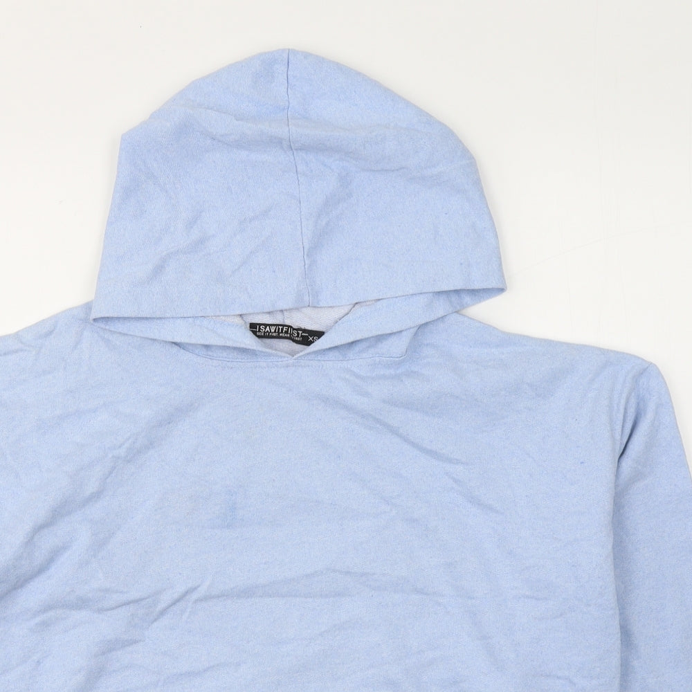 Close-up detail of I SAW IT FIRST women’s blue cotton pullover hoodie, size XS, pullover