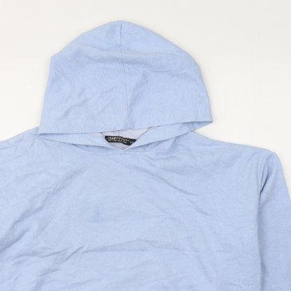 Close-up detail of I SAW IT FIRST women’s blue cotton pullover hoodie, size XS, pullover