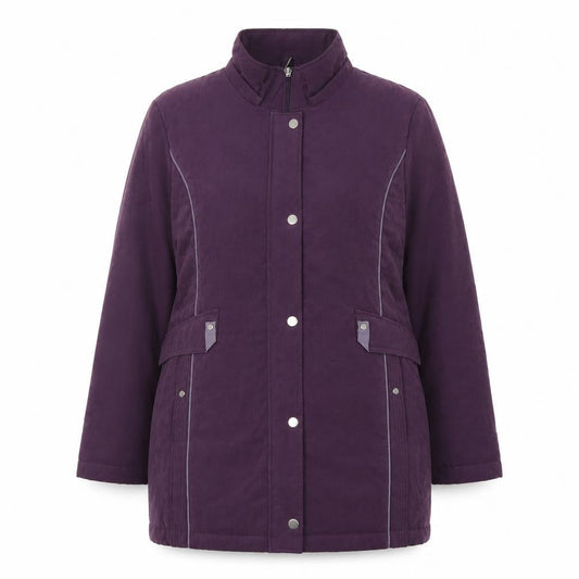 Front view of ANNA ROSE women’s purple trench coat coat, size L, zip