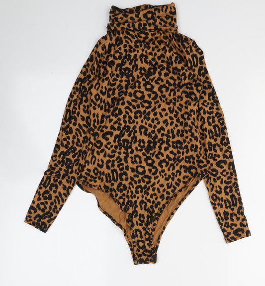 PRETTYLITTLETHING Womens Orange Animal Print Viscose Bodysuit One-Piece Size 6  Button