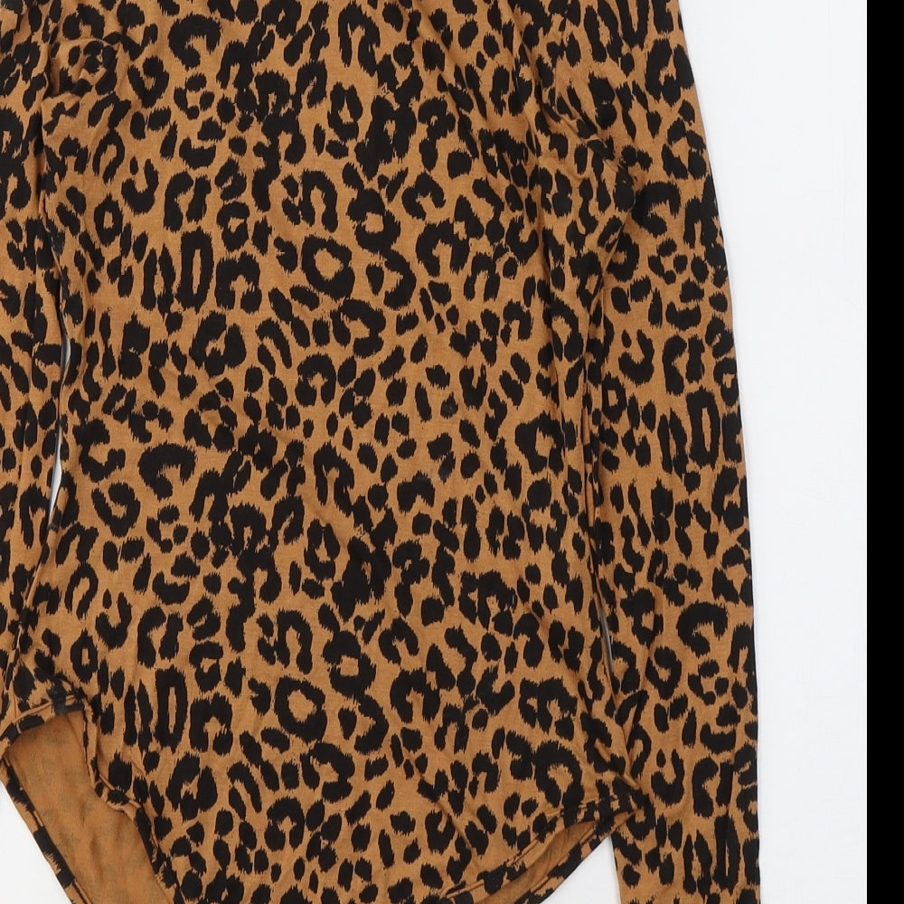 PRETTYLITTLETHING Womens Orange Animal Print Viscose Bodysuit One-Piece Size 6  Button