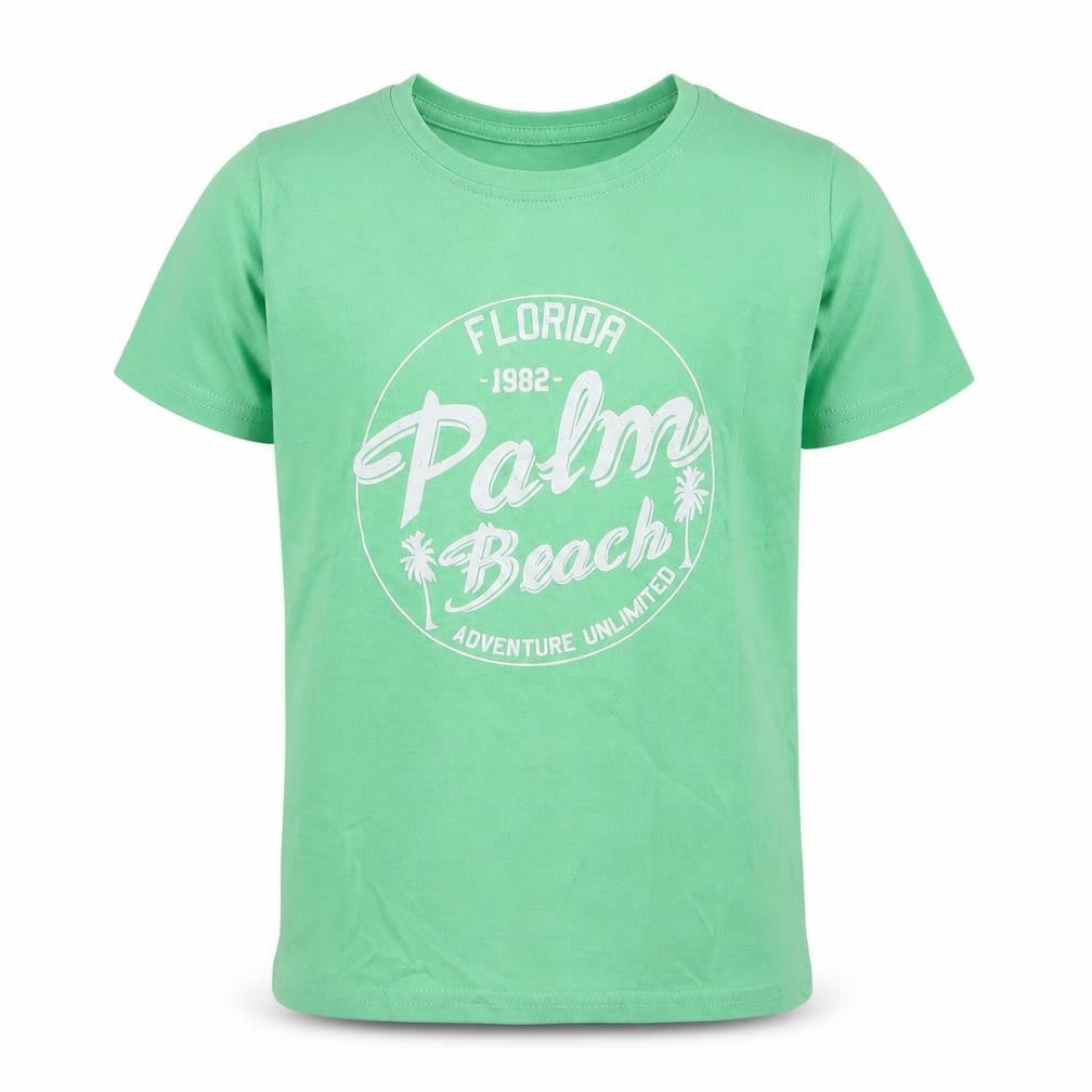 Front view of Dunnes boys’ grey 100% cotton jersey t-shirt, size 7, years round neck pullover - palm beach florida