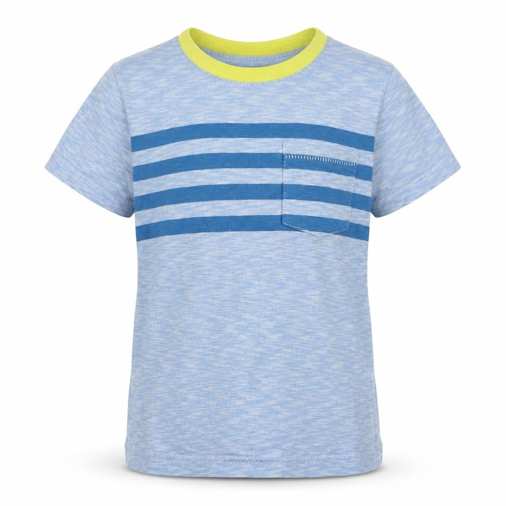 Front view of Gap boys’ blue striped 100% cotton jersey t-shirt, size 2, years round neck pullover