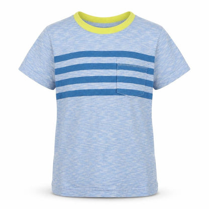 Front view of Gap boys’ blue striped 100% cotton jersey t-shirt, size 2, years round neck pullover